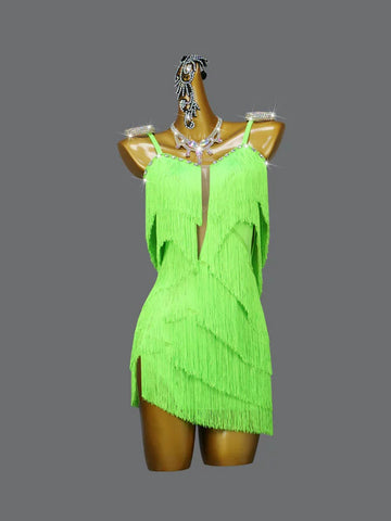 Custom size girls kids adult fluorescent green latin dance dresses salsa rumba chacha ballroom competition clothing fringed skirt - Moderndancedress.com