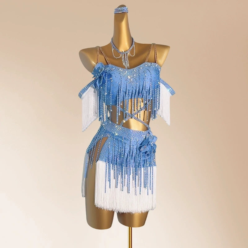Custom Size Competition Latin Dance Dresses for Women Girls Light Blue White Fringe Salsa Rumba Chacha Latin Dance Costumes