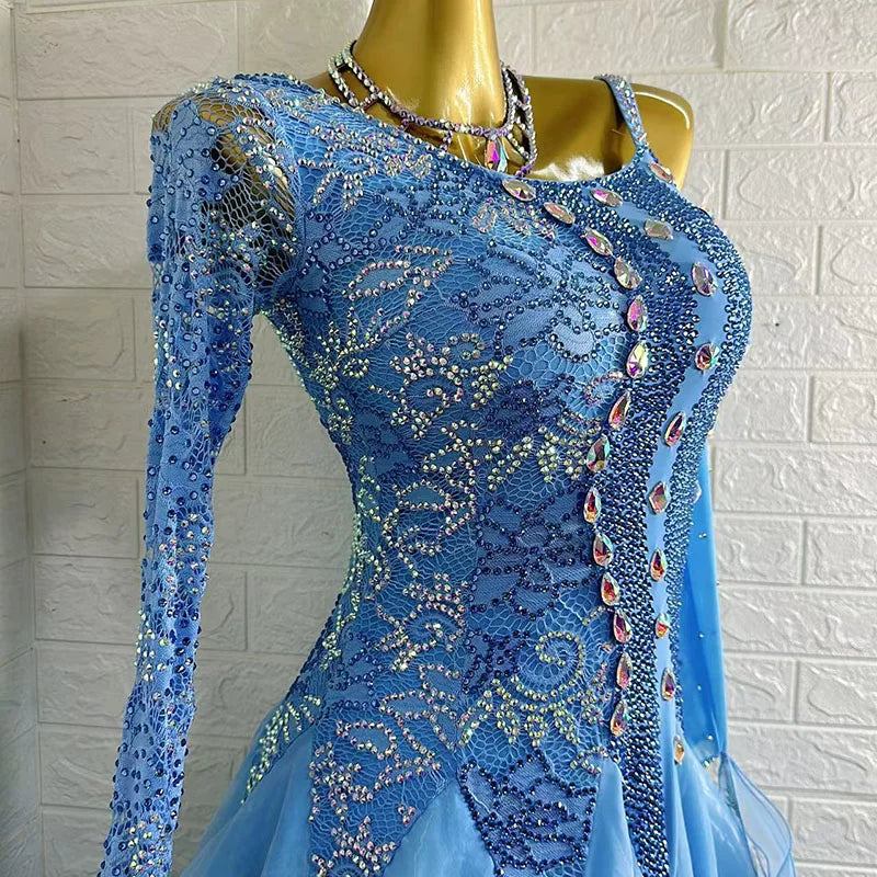 Custom Made Light Blue Lace Ballroom Gown with Crystals Waltz Foxtrot Dance Long Gown