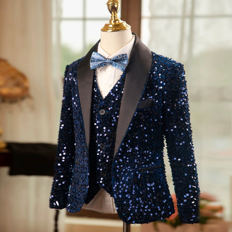 Boys Rainbow Navy Sequins Jazz Dance Coats Host Singers Pianist Performance Blazers Wedding Birthday Party Flowers Boys Jacket for Kids - Moderndancedress.com