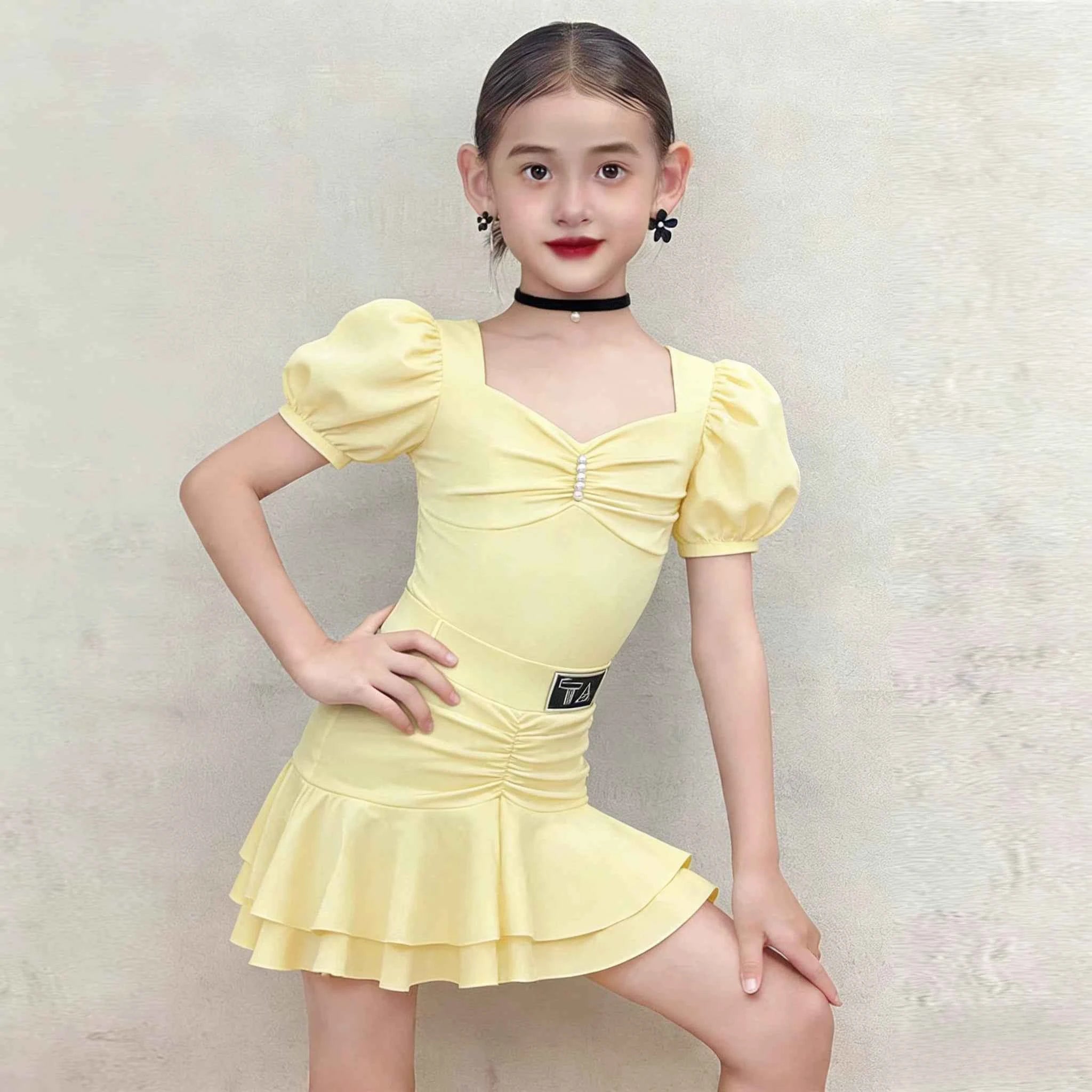 Girls Yellow Latin Dance Dress - 2-Piece Puff Sleeve Ballroom Costume
