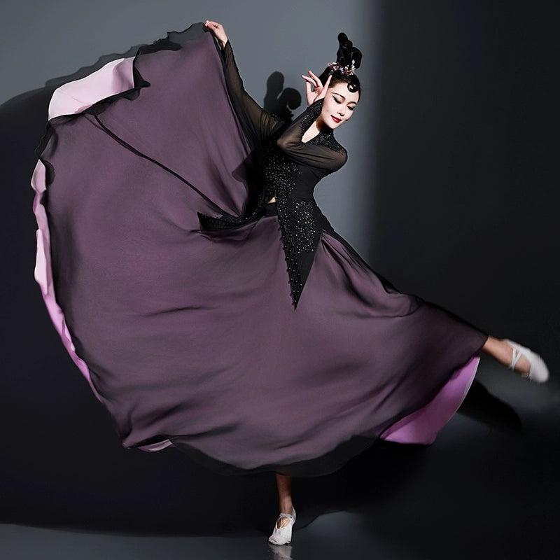 Women's Xinjiang dance dress black Opening dance Chinese minority Uyghur dance performance costumes Art test competition swing skirt - Moderndancedress.com