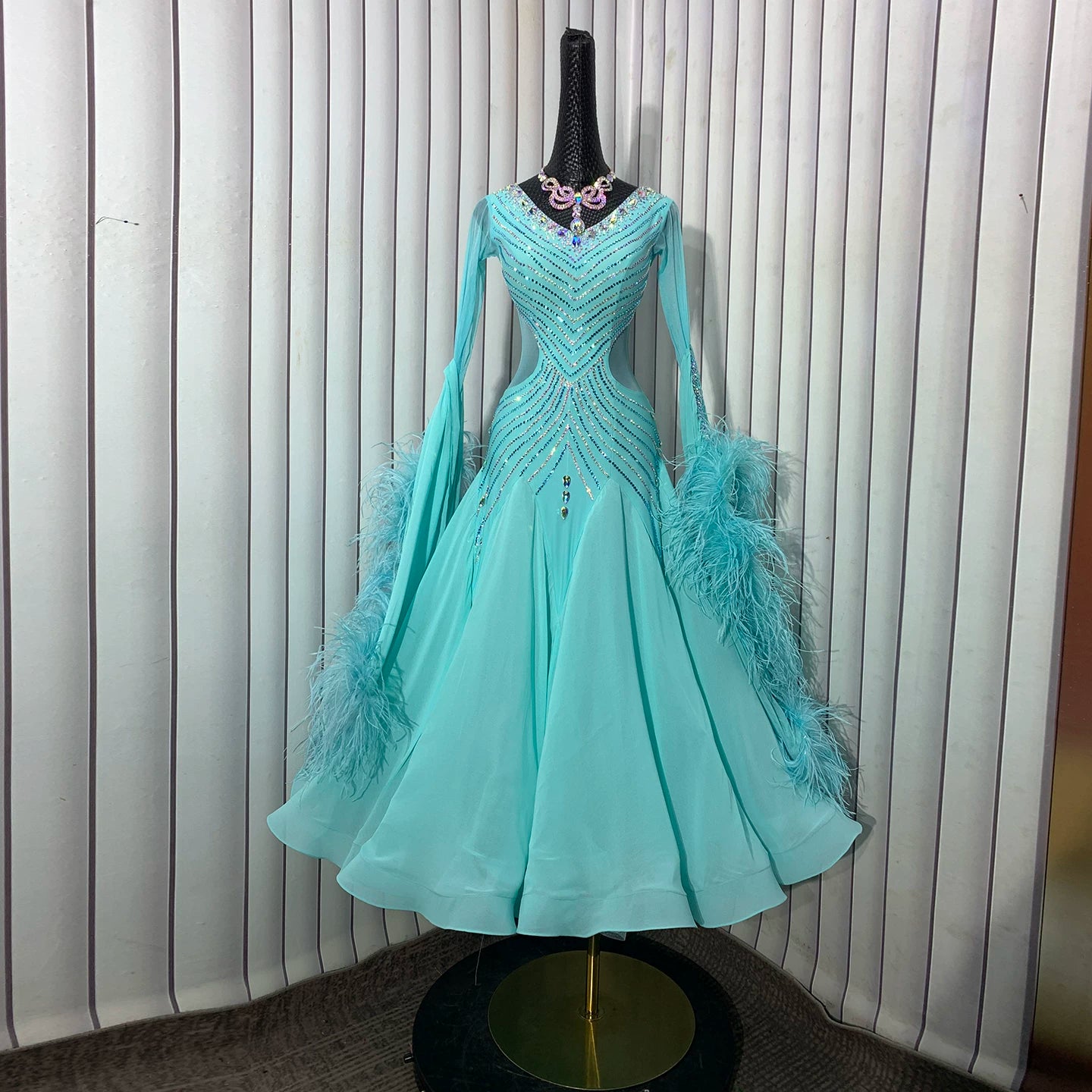 Custom Turquoise Ostrich Feather Ballroom Competition Dress | Rhinestone Waltz Dance Gown