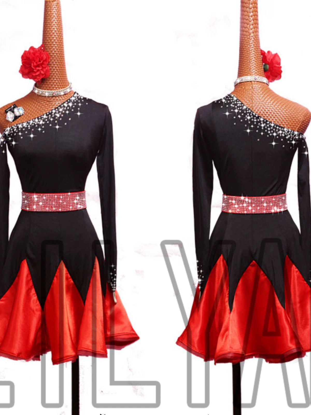 Black red Latin dance dresses for women girls kids slanted neck latin ballroom salsa rumba floral diamond dance skirt performance wear - Moderndancedress.com