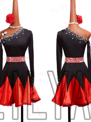 Black red Latin dance dresses for women girls kids slanted neck latin ballroom salsa rumba floral diamond dance skirt performance wear - Moderndancedress.com