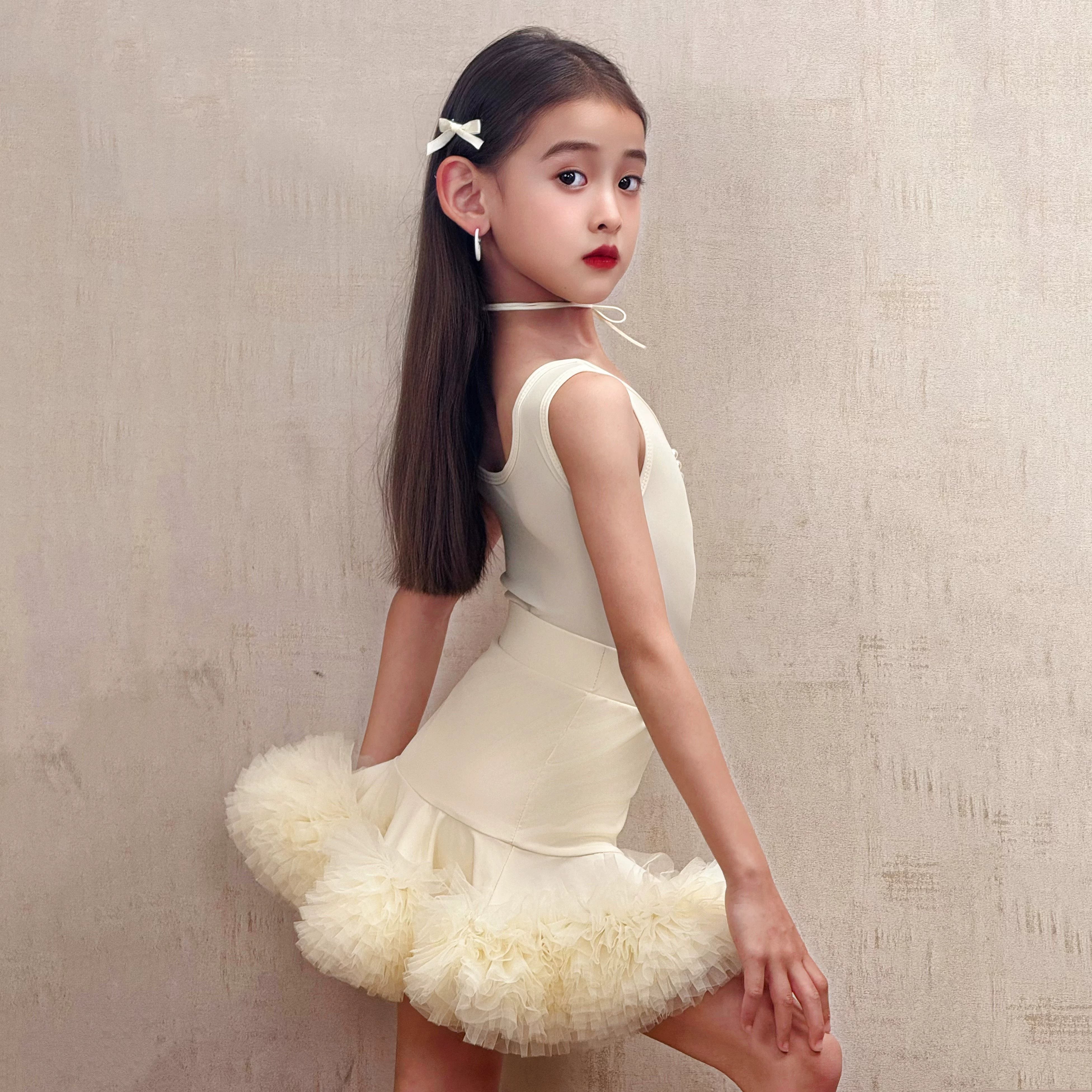 Yellow Girls Latin Dance Dresses Kids White Purple Ruffless Salsa Rumba Chacha Dance Costumes - Moderndancedress.com