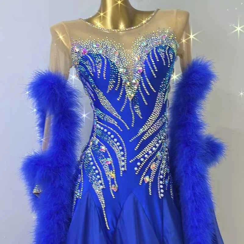 Customized Size Royal Blue Feather Competition Ballroom Dance Dresses for Women Girls National Standard Dance Long Gown