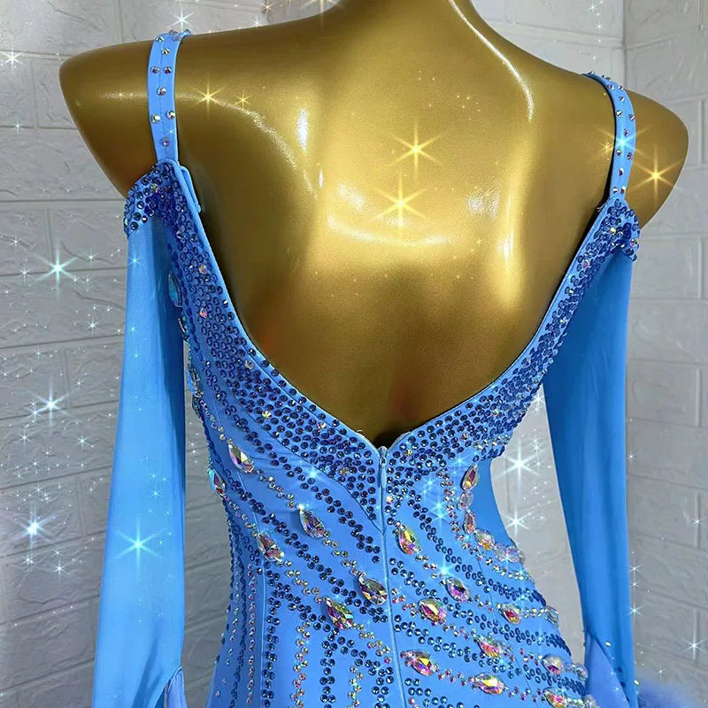 Custom American Smooth Dress Blue Competition Ballroom Dance Gown