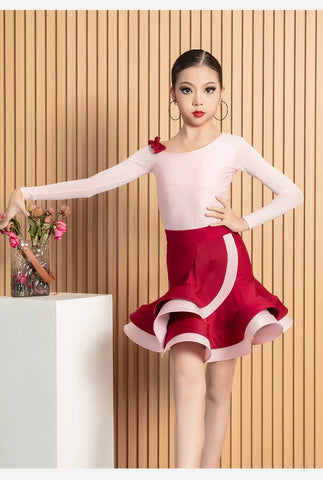 Pink with Red Girls Latin Dance Dresses Salsa Rumba Chacha Long Sleeves Ruffles Professional Dance Wear for Children - Moderndancedress.com