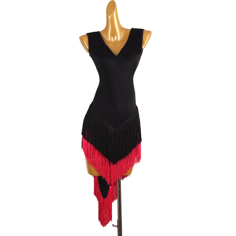 Black red gradient tassels long latin dance dresses for women girls Swallowtail concert Latin salsa rumba ballroom performance skirts - Moderndancedress.com