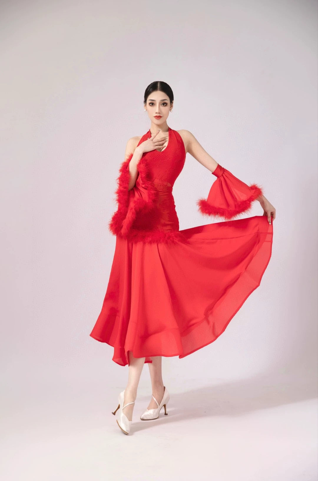Women Ballroom Dance Dresses Black Red Navy Lace Halter Neck Waltz Tango Rhythm Competition Gown - Moderndancedress.com