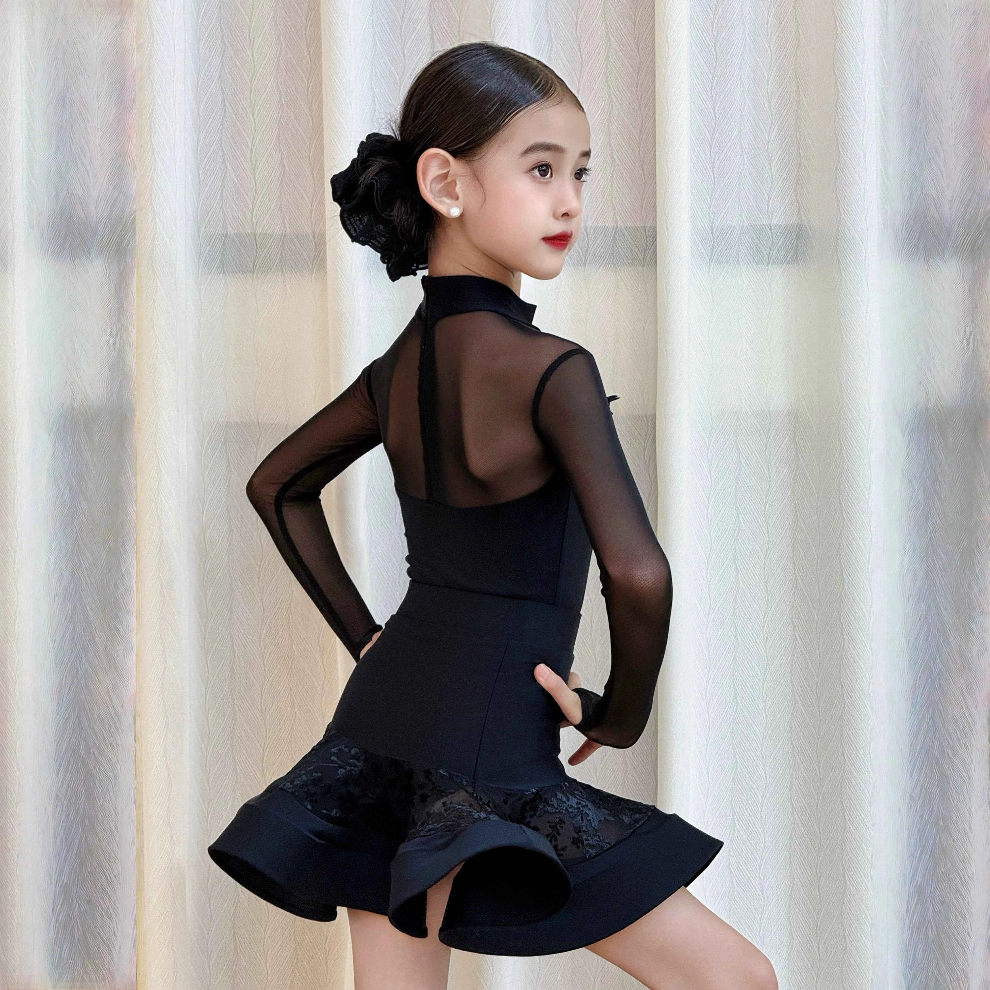Girls Latin Dance Dresses White Black Lace Salsa Rumba Chacha Latin Performance Dresses Kids Dancing Clothes
