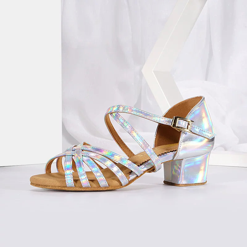 Silver Kids Latin Dance Shoes - Low Block Heel