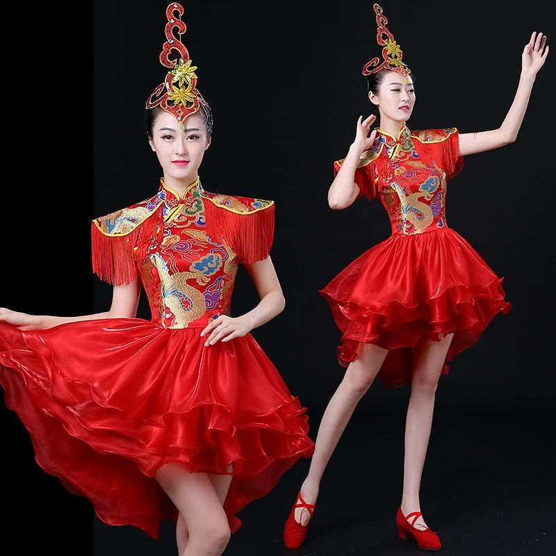 Jazz Dance Costumes Modern Dance Drum Drum Costume Performing Apparel Chinese Style Skirt National Dance Fan Dance Cheongsam Adult Women