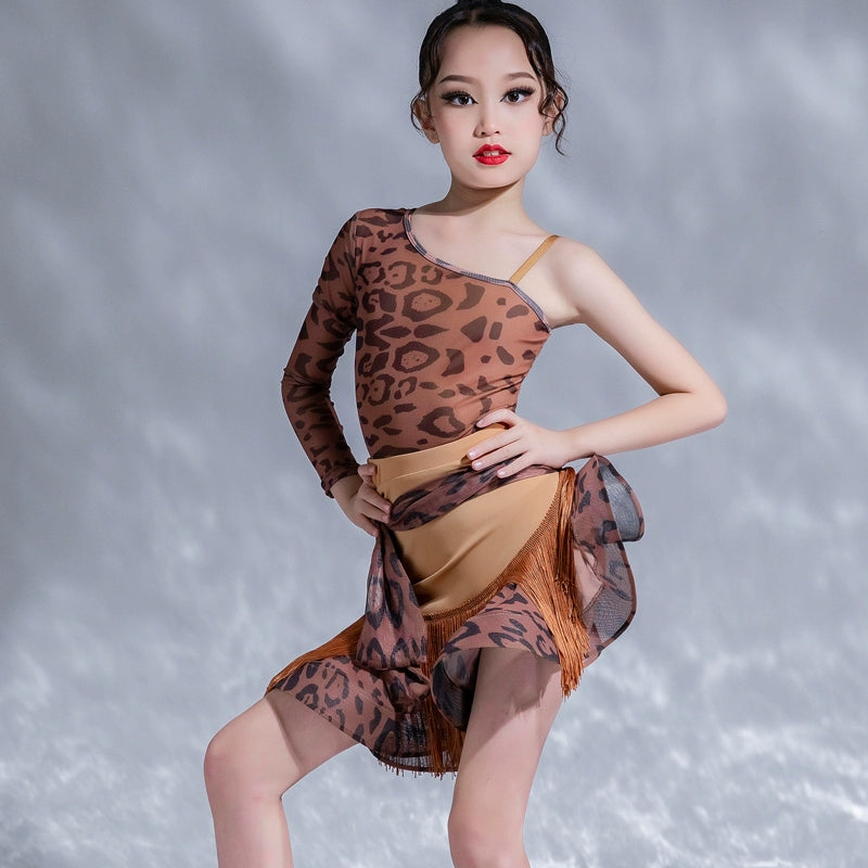 Girls Latin Dance Dresses Brown Leopard Fringe Slanted Shoulder Latin Salsa Cha Cha Performance Art Test Costumes for Kids - Moderndancedress.com