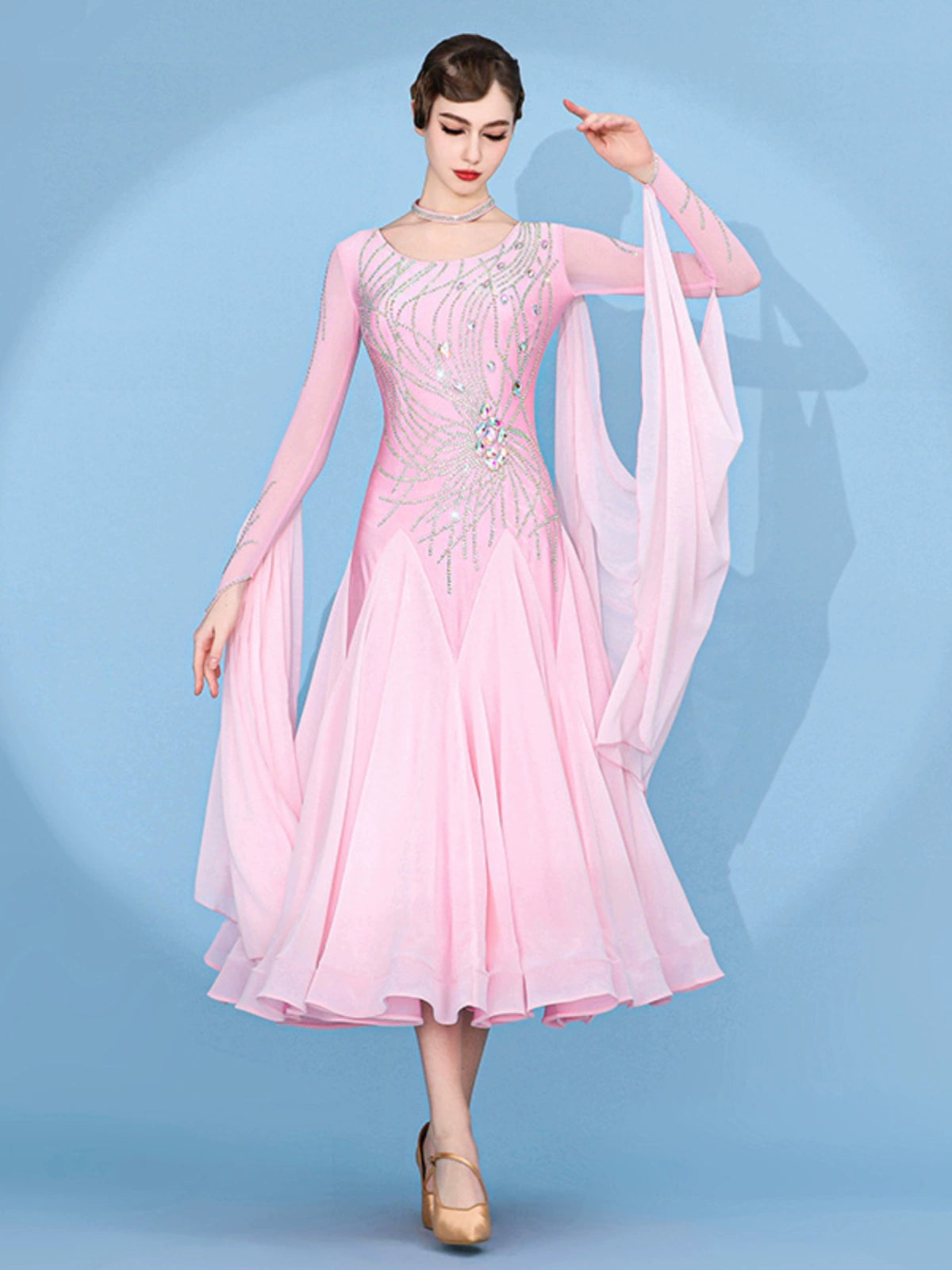 Custom size pink gemstones competition ballroom dance dresses for women girls kids Modern waltz tango foxtrot smooth rhythm performance gown - Moderndancedress.com