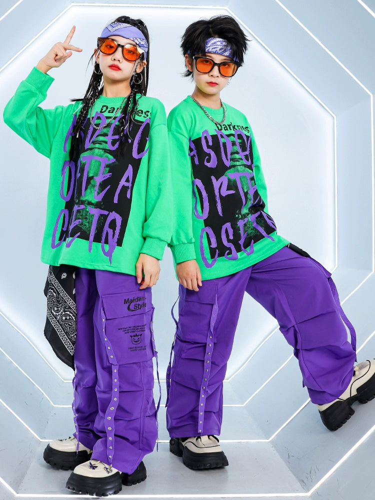 Children's Purple Green Hip-hop Jazz Dance Street Costumes for Girls Boys Rapper Singers Gogo Dancers Dance Clothing Party Model Show Outfits - Moderndancedress.com
