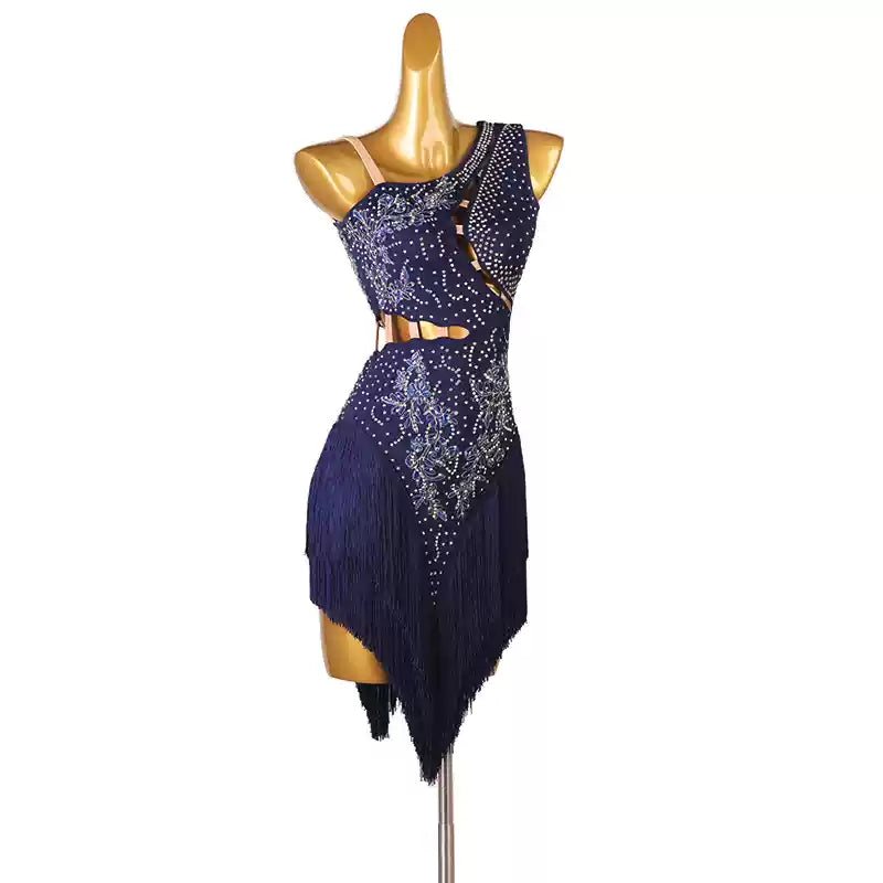 Slant Neck Yellow Blue Red Green Orange Latin Dance Competition Dresses for Women Girl Rumba Salsa Chacha with Stones Performance Clothes - Moderndancedress.com