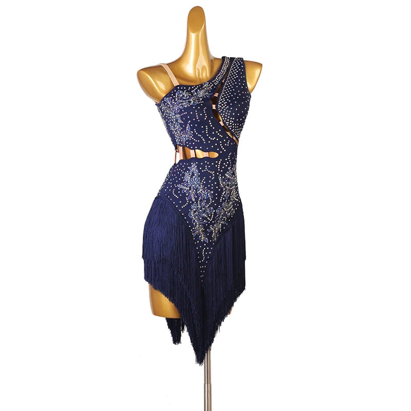 Slant Neck Yellow Blue Red Green Orange Latin Dance Competition Dresses for Women Girl Rumba Salsa Chacha with Stones Performance Clothes - Moderndancedress.com