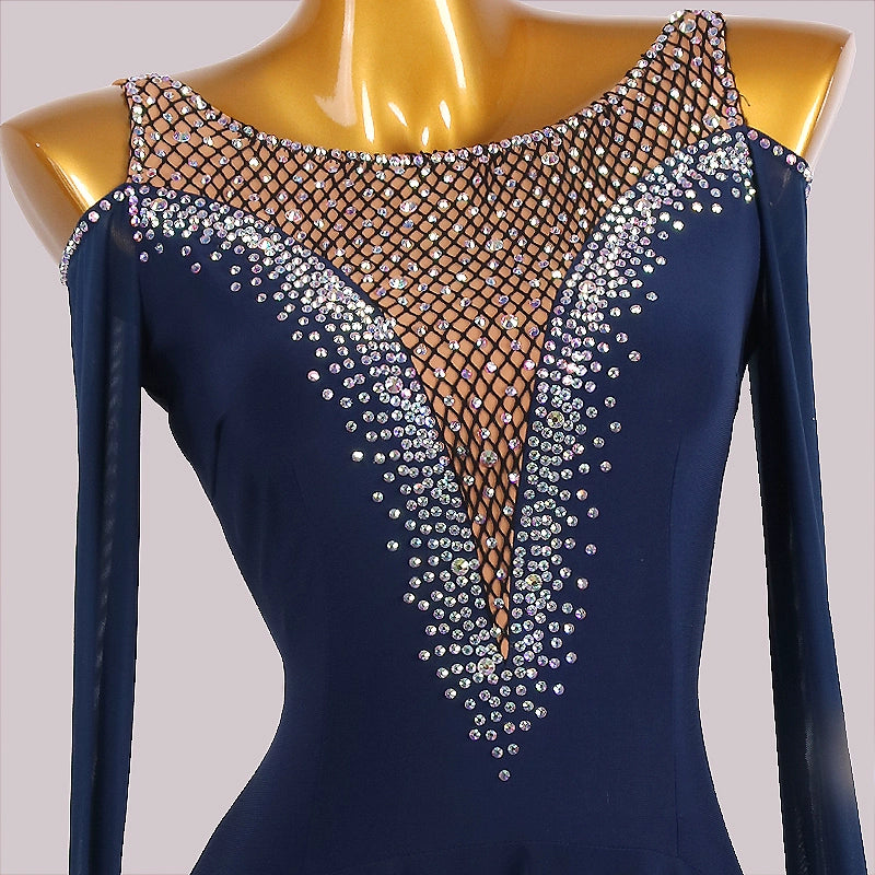 Custom Size Handmade Competition Navy Ballroom Dance Dresses for Women Girls Hollow Shoulder Waltz Tango Foxtrot Smooth Dance Long Gown for Female - Moderndancedress.com