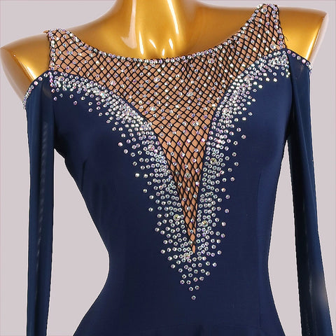 Custom Size Handmade Competition Navy Ballroom Dance Dresses for Women Girls Hollow Shoulder Waltz Tango Foxtrot Smooth Dance Long Gown for Female - Moderndancedress.com