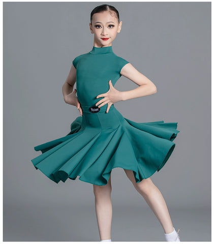Latin Dance dresses for kids Girls green wine Competition Short Sleeve International modern Dance Standard Suit for children - Moderndancedress.com