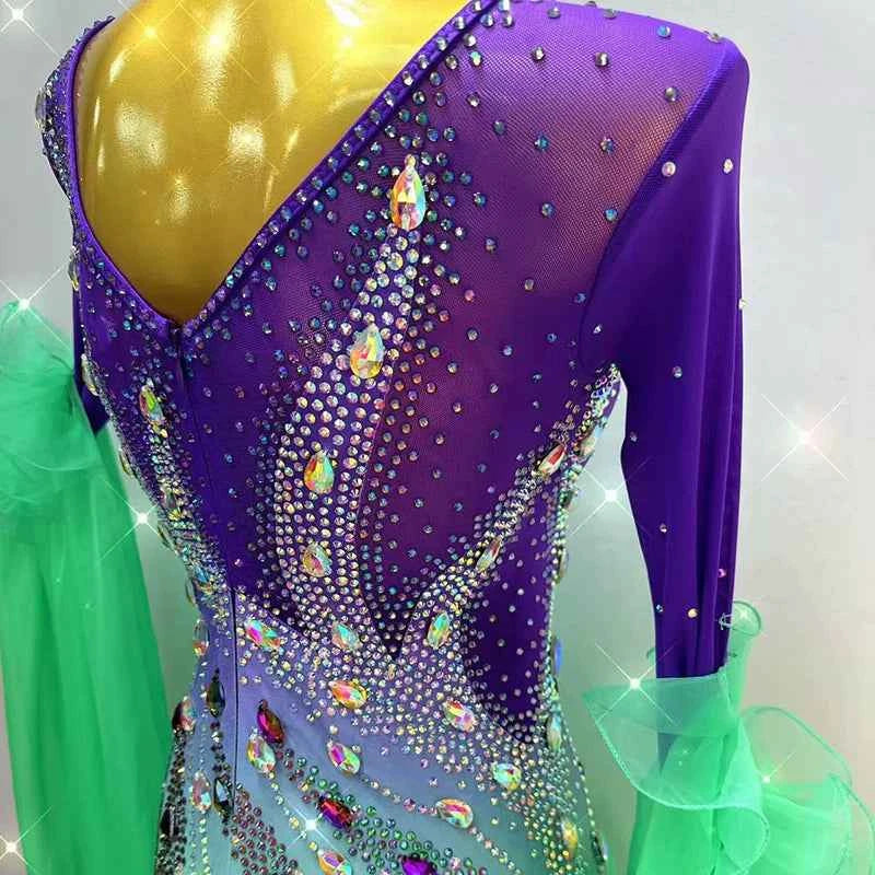Custom Size Violet Green Gradient Ballroom Dance Dress for Women Waltz Tango Dance Swing Skirts