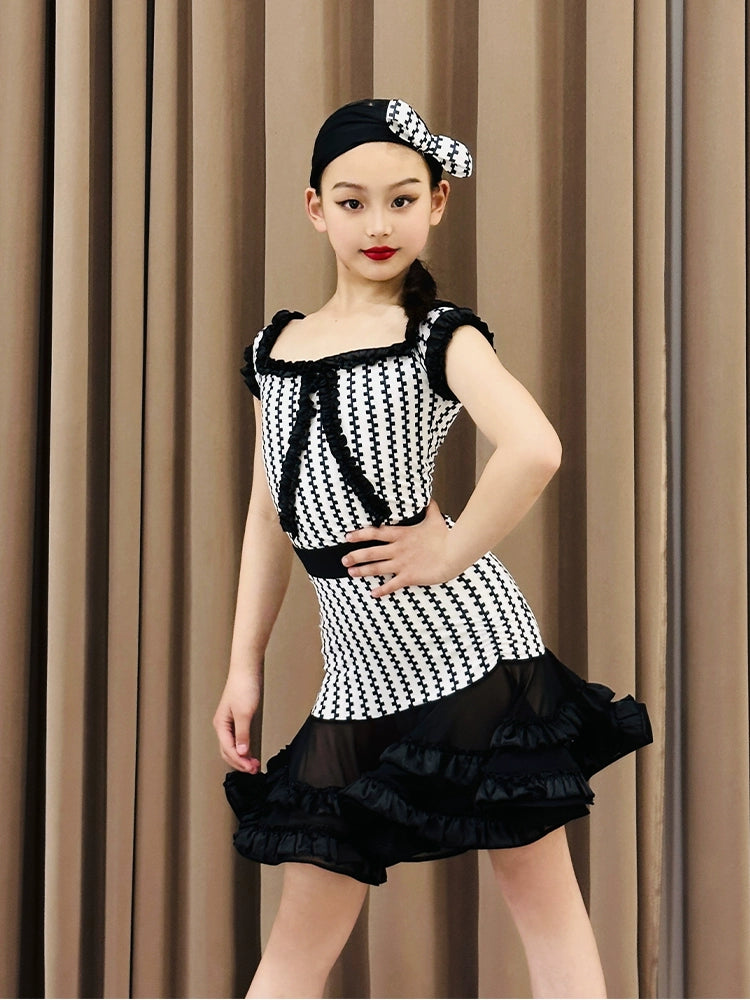 Black white plaid Latin dance dresses for kids girls salsa rumba latin stage performance dance uniforms for children - Moderndancedress.com