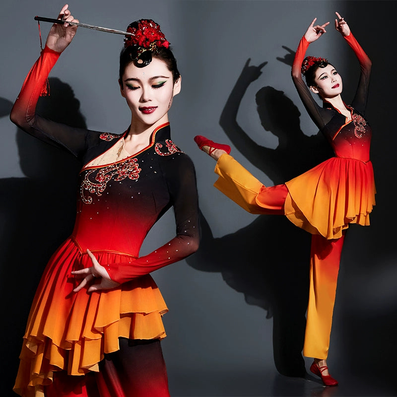 Red Chinese folk dance costumes for women girls Jiaozhou Yangge dance performance uniform classical fan dance repertoire dance art test wear - Moderndancedress.com