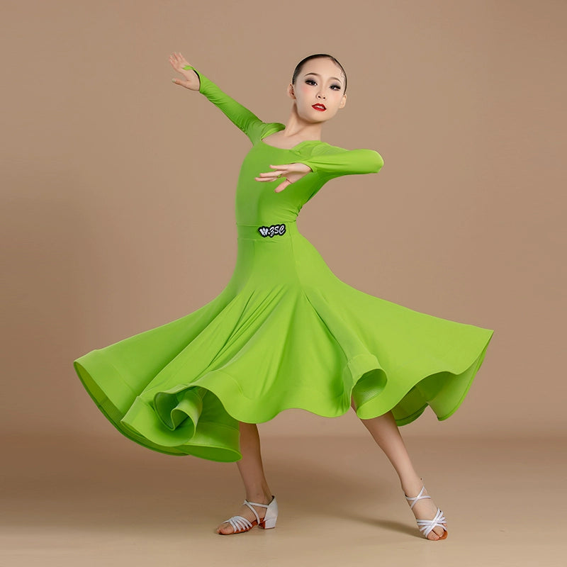 Modern ballroom dance dresses for girls kids orange green waltz tango regulation latin ballroom standard dance clothes Large skirt - Moderndancedress.com