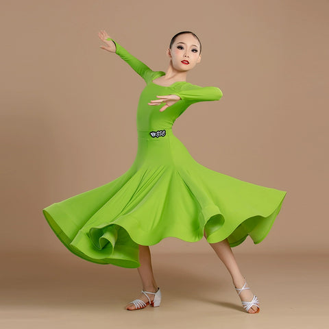Modern ballroom dance dresses for girls kids orange green waltz tango regulation latin ballroom standard dance clothes Large skirt - Moderndancedress.com