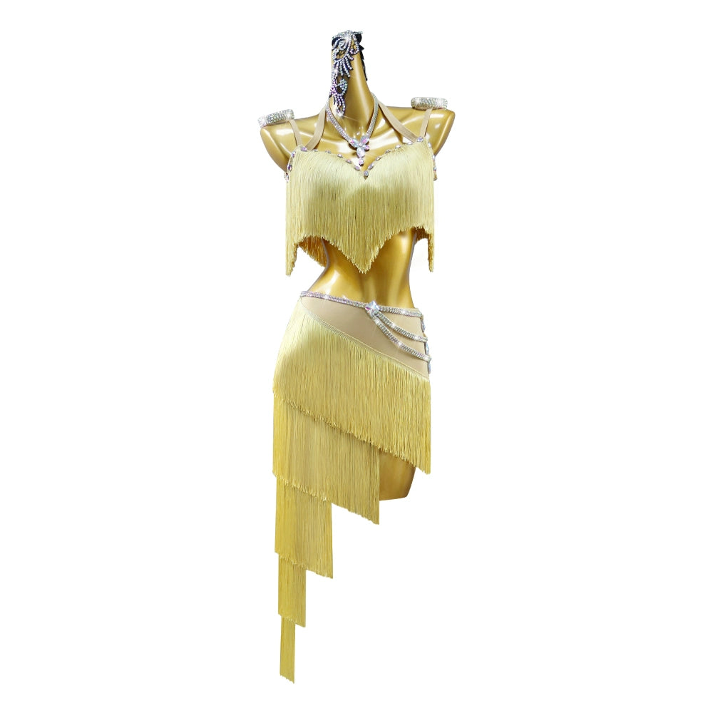Gold Fringe Rhinestones Latin Dance Competition Dresses for Women Girls Senior Salsa Rumba Chacha Flower Dance Clothing Blackpool Art Exam Clothes - Moderndancedress.com