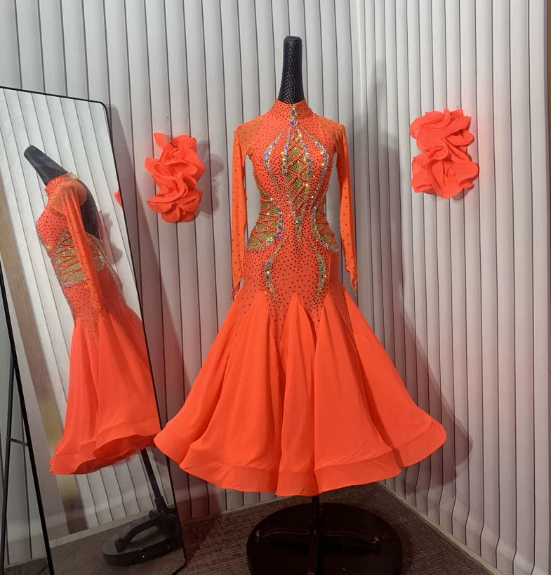Custom Orange Gold Crystal Ballroom Dance Dress Competition Gown