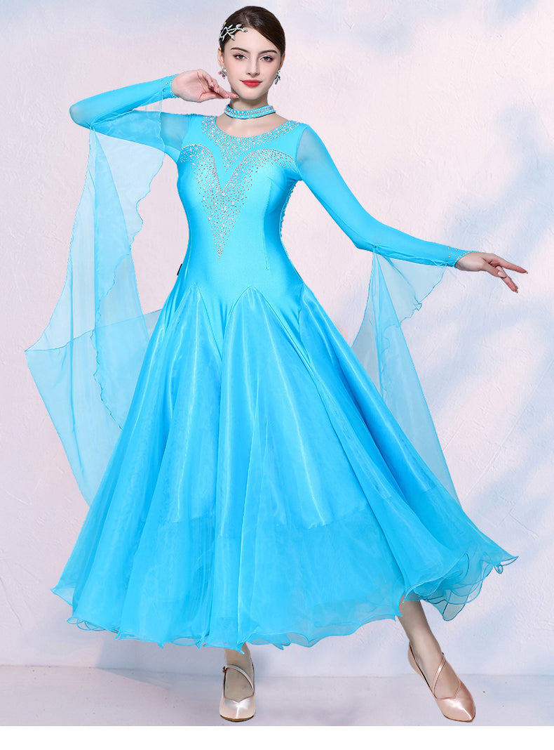 Turquoise Yellow Competition Ballroom Dance Dresses for Women Girls Waltz Tango Rhythm National Dance Gown - Moderndancedress.com