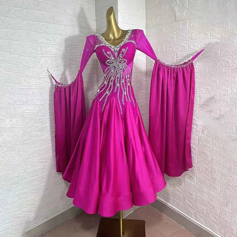 Custom  Size Women's Fuchsia Ballroom Dance Dress Rhinestones Waltz Smooth Gown with Float