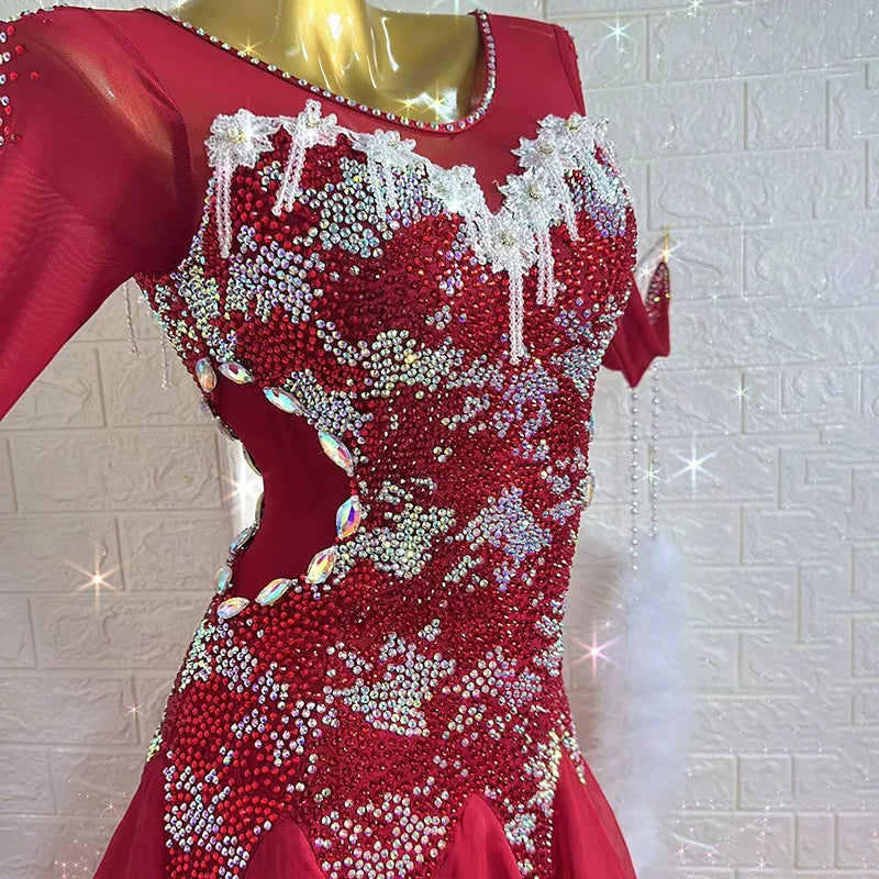 Custom Crystal Burgundy Ballroom Dance Dress with White Feather Floats Foxtrot Waltz Dance Gown