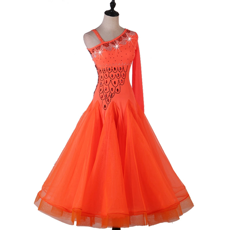 One Shoulder Rhinestones Competition Ballroom Dance Dresses for Women Girls Orange Black Waltz Tango Foxtrot Rhythm Performance Long Gown - Moderndancedress.com