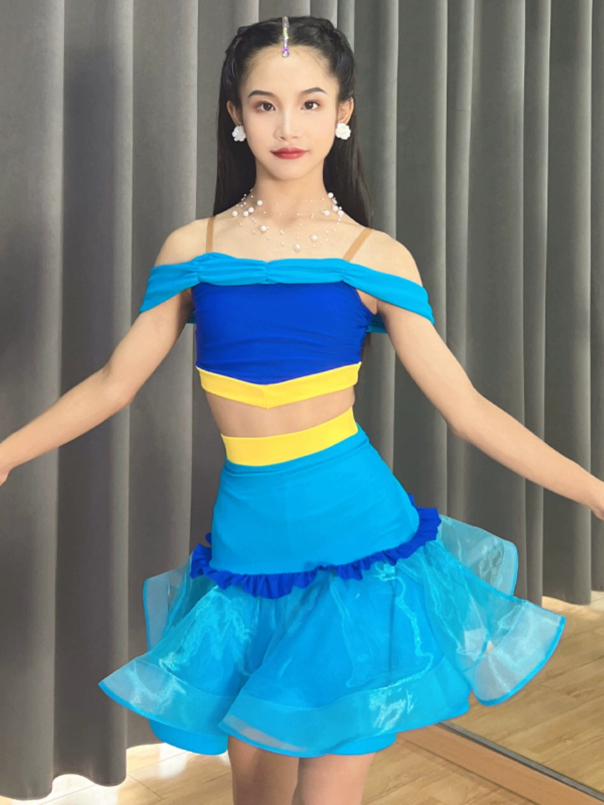 Blue yellow children's Latin dance dance dresses salsa ballroom performance skirts off-the-shoulder practice outfits for kids - Moderndancedress.com