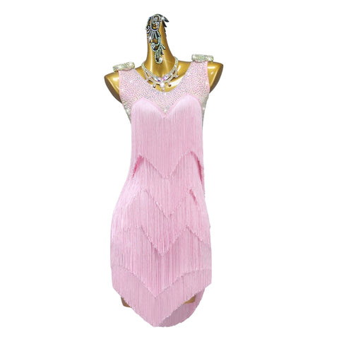 Custom Size Pink tassel latin dance competition dresses for girls kids children professional gemstones salsa rumba chacha solo dance skirts - Moderndancedress.com