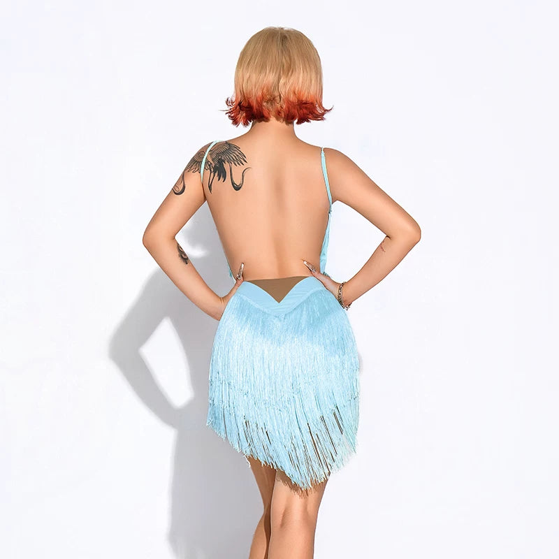 Women's Light Blue Fringe Latin Dress Ballroom Salsa Costumes Backless