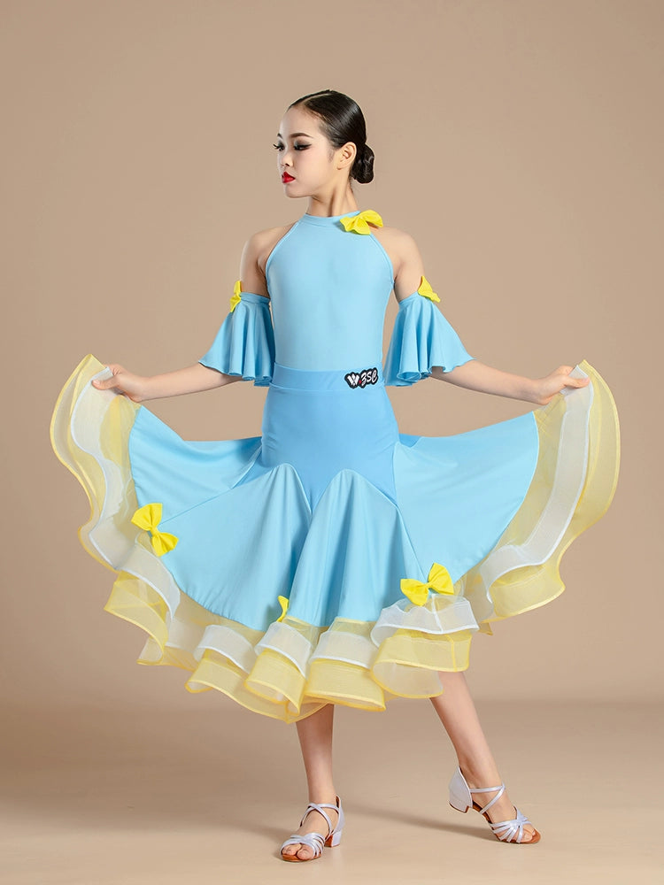 Blue with Yellow Modern National Ballroom Dance Dresses for Girls Kids Children's Waltz Professional Competition Practice Outfits for Children - Moderndancedress.com