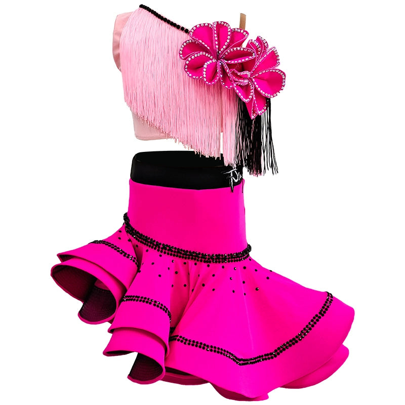 Girls Latin Dance Dress Pink Fringe Salsa Rumba Chacha Latin Stage Performance Costumes for Kids