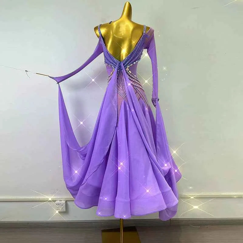 Custom Size Lavender Purple Competition Ballroom Dance Dresses for Women Girls Diamond Waltz Tango Dance Long Swing Skirts