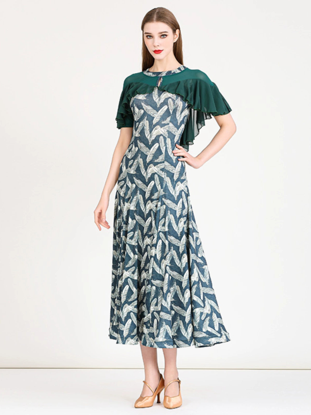 Pink Green Printed Modern Ballroom Dance Dress for Women Girls Waltz Tango Foxtrot Smooth Dance Long Gown - Moderndancedress.com