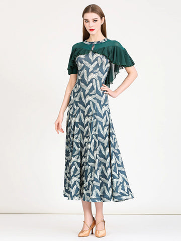 Pink Green Printed Modern Ballroom Dance Dress for Women Girls Waltz Tango Foxtrot Smooth Dance Long Gown - Moderndancedress.com