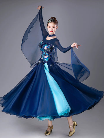 Navy Red Competition Ballroom Dance Dresses for Women Girls Diamond Waltz Tango Foxtrot Rhythm Performance Costumes - Moderndancedress.com