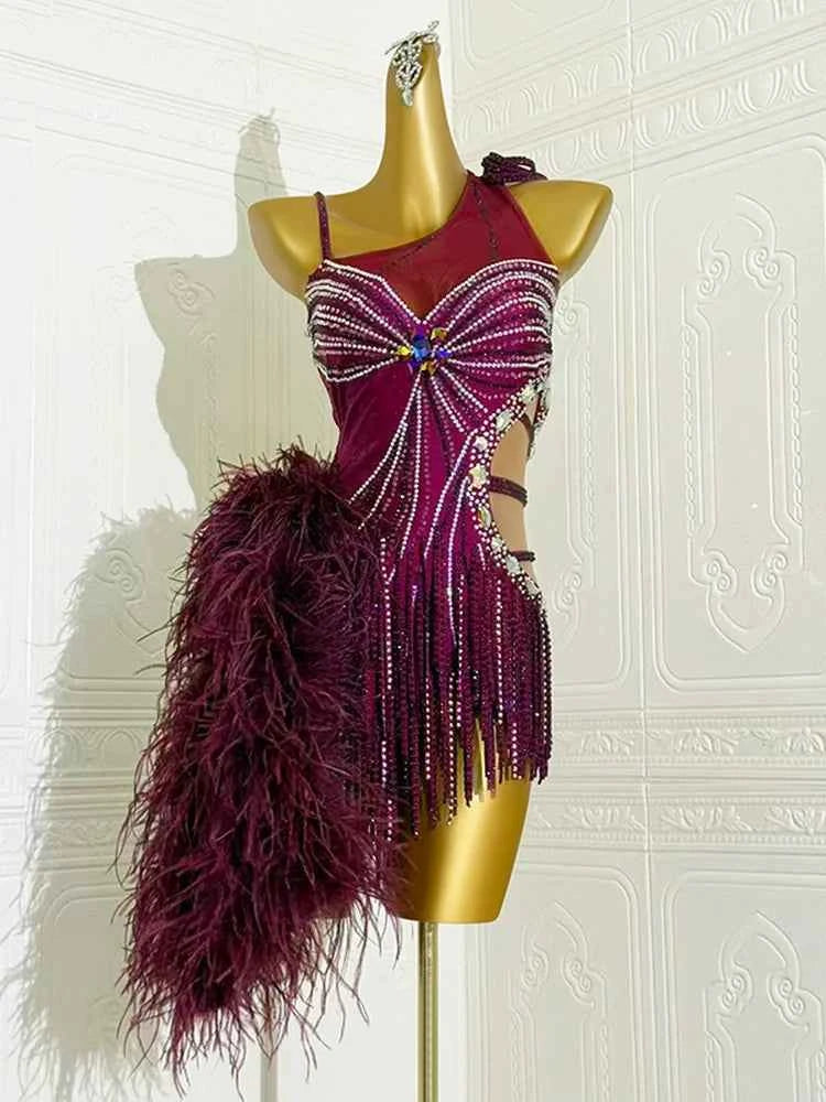 Custom Size Emerald Green Feather Latin Dance Dress, Rhinestone Samba Rumba Professional Rhythm Wear