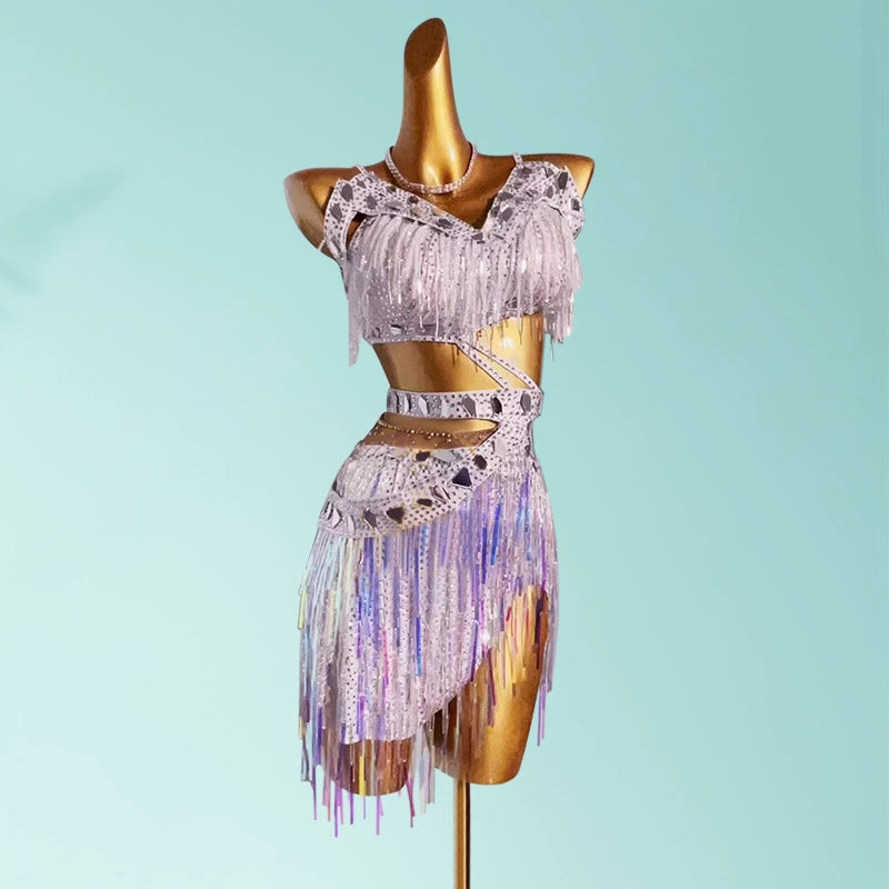 Custom Size Bling Fringe Silver Yellow Latin Dance Competition Dresses for Women Girls Kids Salsa Rumba Cha Cha Jive Performance Costumes - Moderndancedress.com