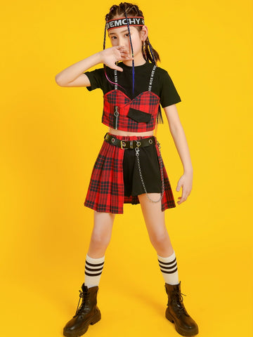 Girls Jazz Costume Hip Hop Street Dance outfits children gogo dancers British style plaid  Cheerleading Show clothes for kids - Moderndancedress.com