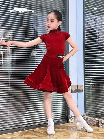 Children girls Latin dance dresses pink purple short-sleeved  ultra-thin velvet test competition ballroom latin salsa performance clothing - Moderndancedress.com